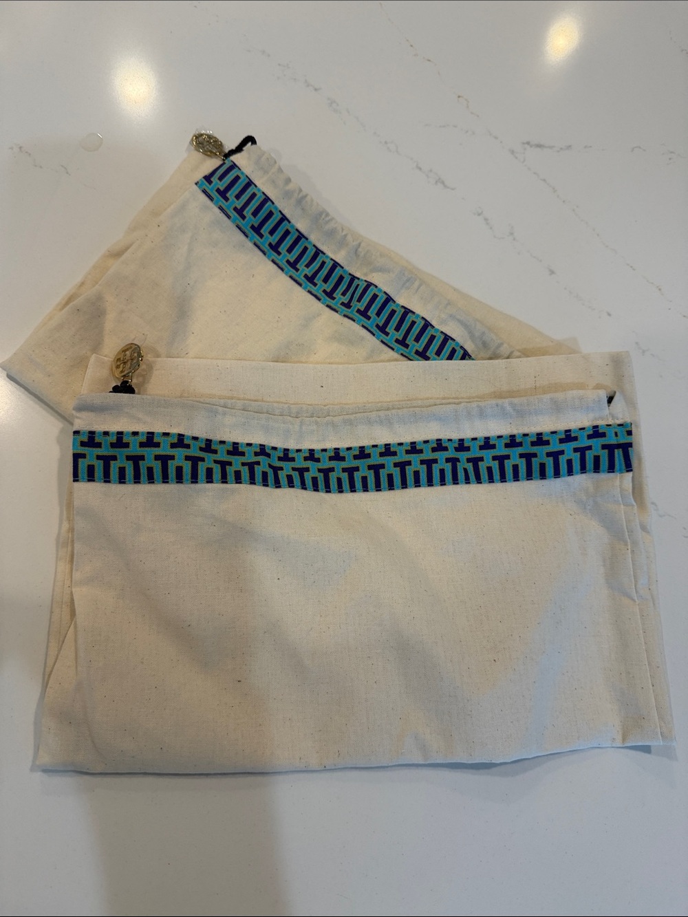 Tory Burch Natural Canvas Pouches with Blue and Teal Trim